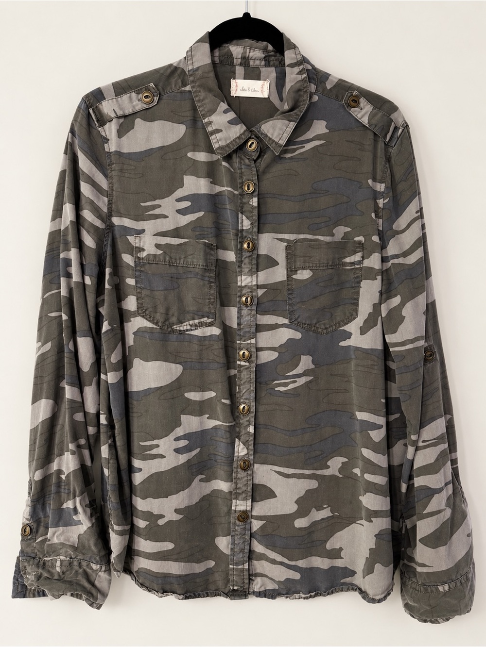Altar'd State Gray and Olive Camo Button-Down Shirt